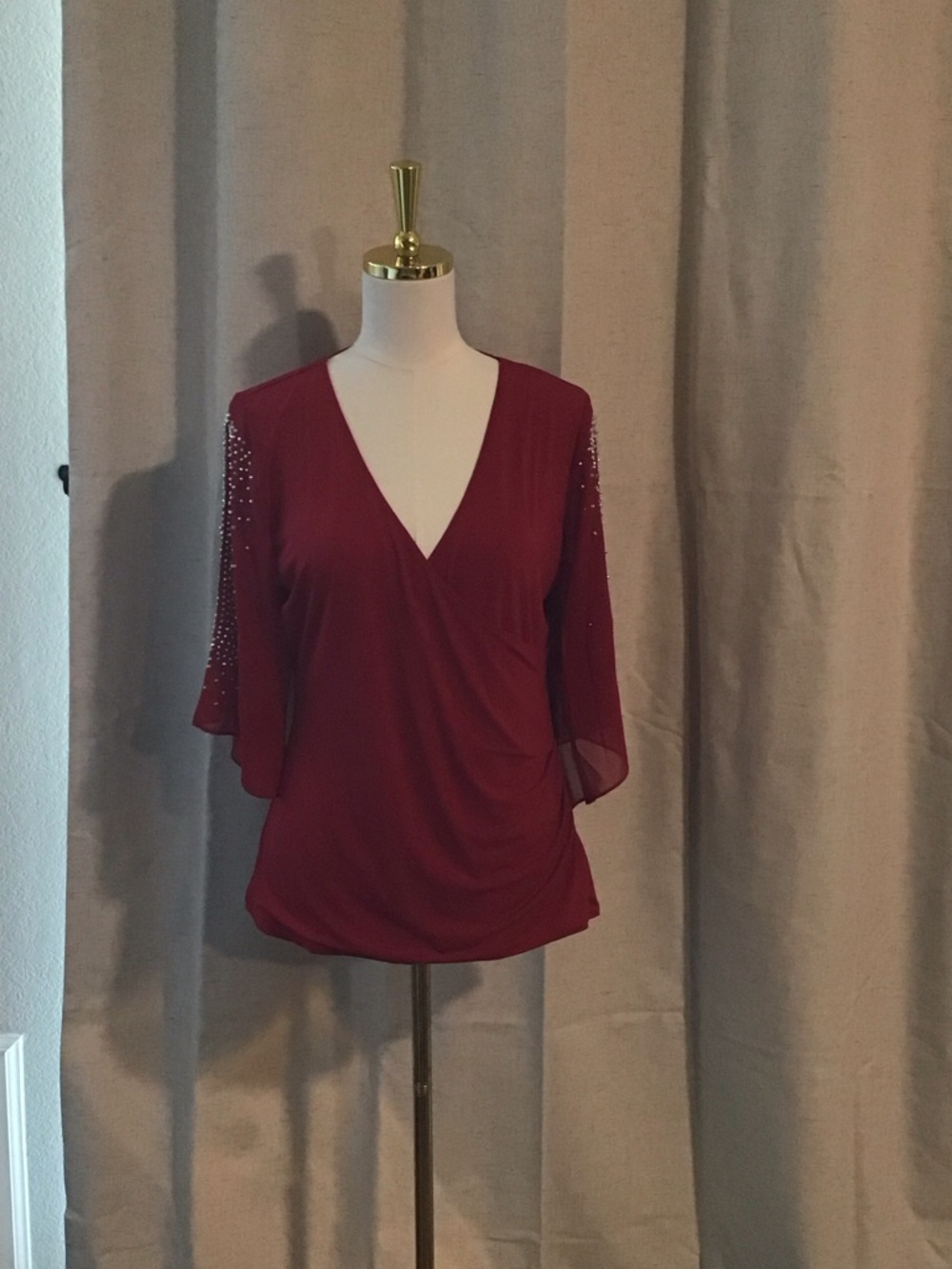 Midnight Velvet Wine Red V-Neck Blouse with Beaded Sheer Sleeves